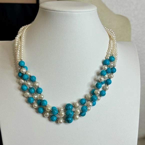Danbury Mint Freshwater Pearl & Turquoise  3-Strand Necklace - Picture 3 of 12